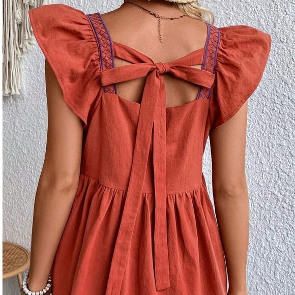 Boho Plants Embroidery Ruffle Trim Blouse Orange - Picture 3 of 3